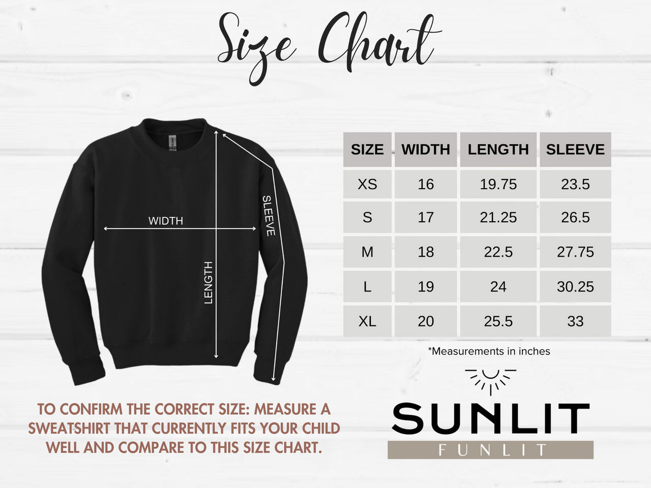 the size chart for a sweatshirt with measurements