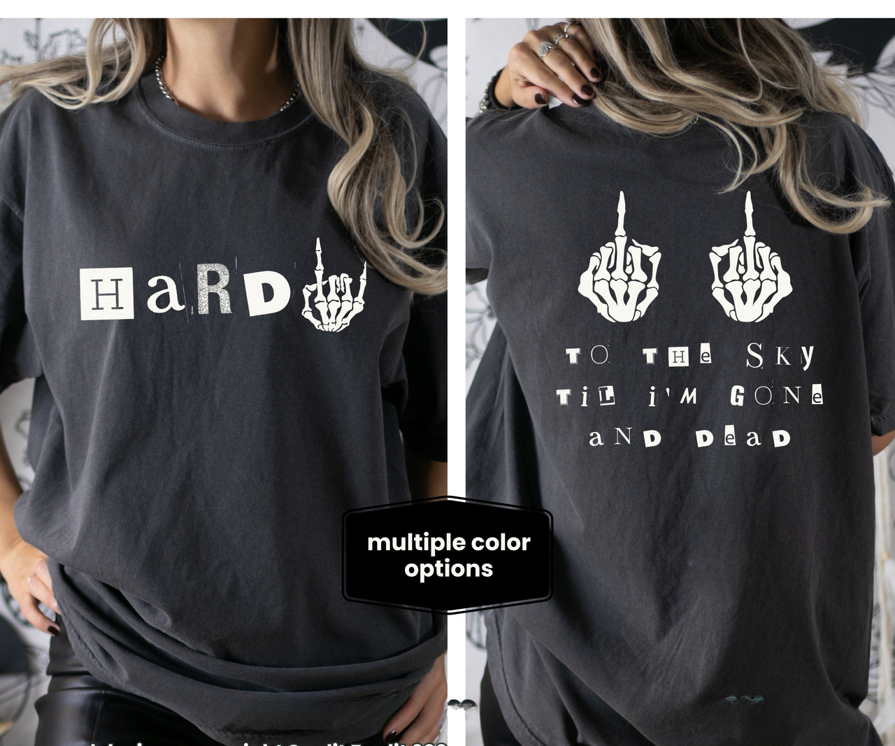 a woman wearing a t - shirt that says hard to the sky and i '