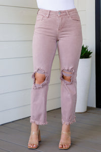 Thumbnail for Babs High Rise Distressed Straight Jeans in Mauve