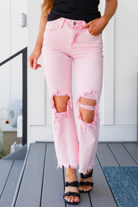 Thumbnail for Babs Distressed Straight Jeans in Pink