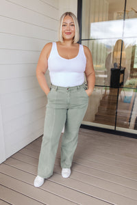 Thumbnail for Phoebe High Rise Front Seam Straight Jeans in Sage