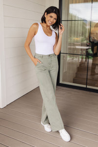 Thumbnail for Phoebe High Rise Front Seam Straight Jeans in Sage