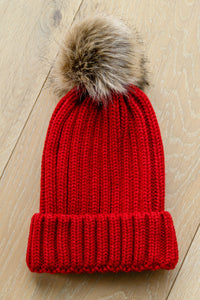 Thumbnail for Rib Knit Beanie With Detachable Pom Pom In Wine