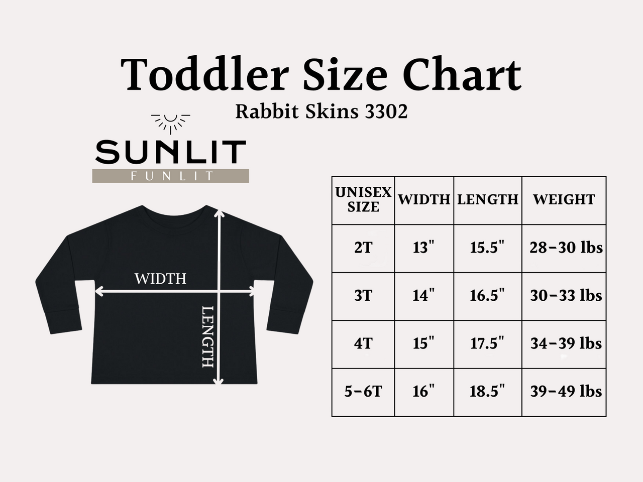 the toddler size chart for the sunlit shirt