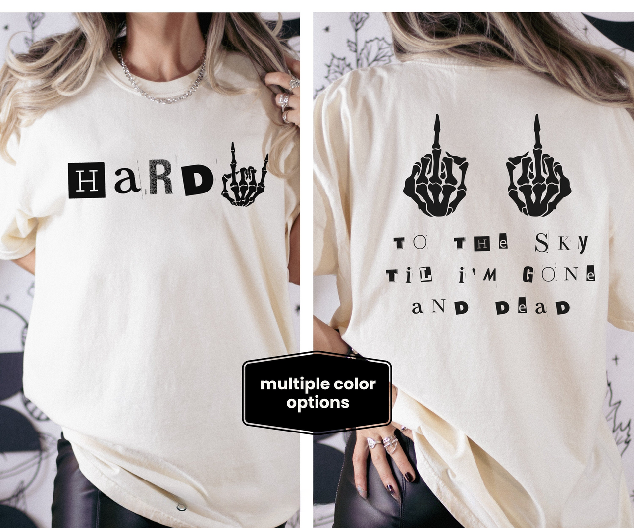 a woman wearing a t - shirt that says hard to the sky