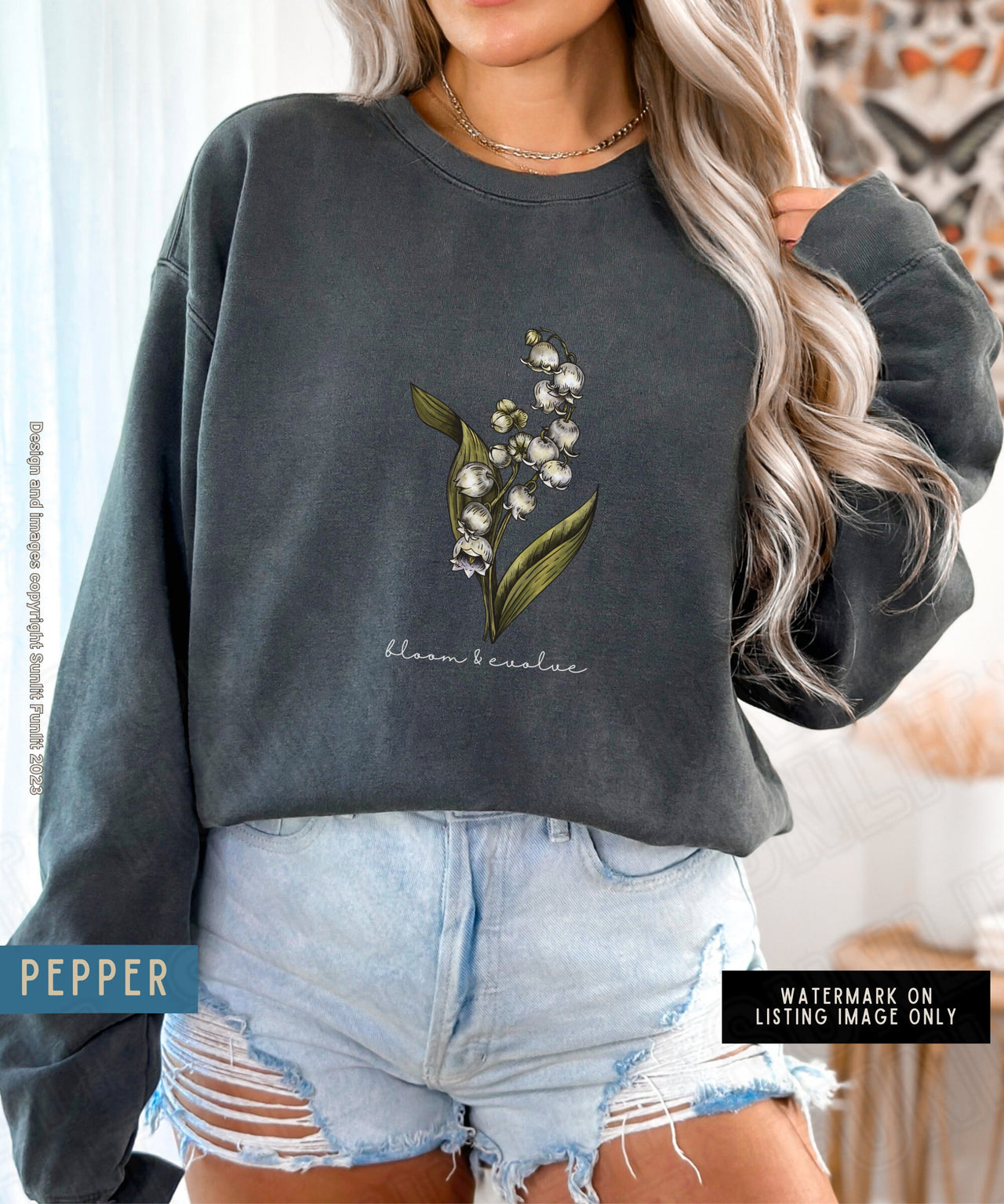 May Birth Flower Sweater, Comfort Colors Floral Sweatshirt, Minimalist Vintage Lily of the Valley Shirt, Birth Month Flower Birthday Gift - SunlitFunlit