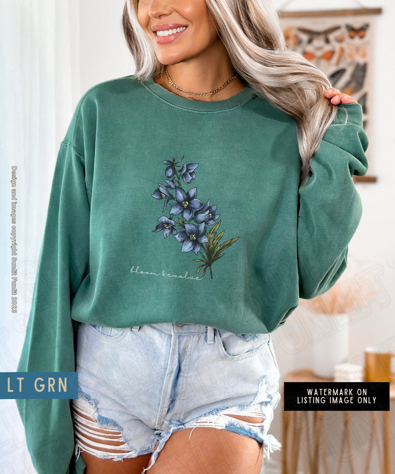 July Birth Flower Sweater, Comfort Colors Floral Sweatshirt, Minimalist Vintage Larkspur, BIrth Month Flower Birthday Gift, Bloom Sweater - SunlitFunlit