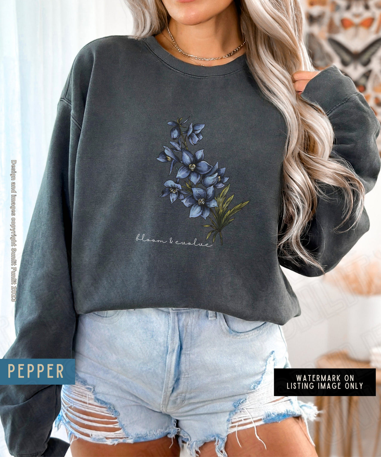 July Birth Flower Sweater, Comfort Colors Floral Sweatshirt, Minimalist Vintage Larkspur, BIrth Month Flower Birthday Gift, Bloom Sweater - SunlitFunlit