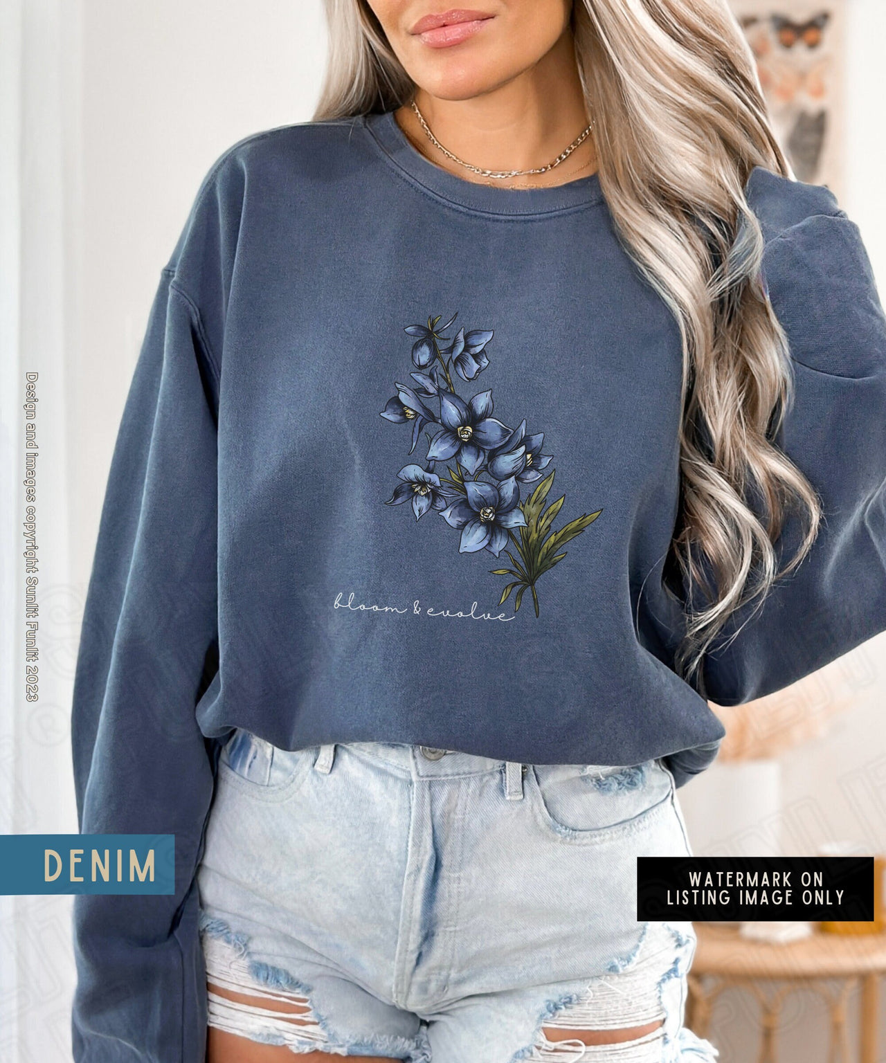 July Birth Flower Sweater, Comfort Colors Floral Sweatshirt, Minimalist Vintage Larkspur, BIrth Month Flower Birthday Gift, Bloom Sweater - SunlitFunlit