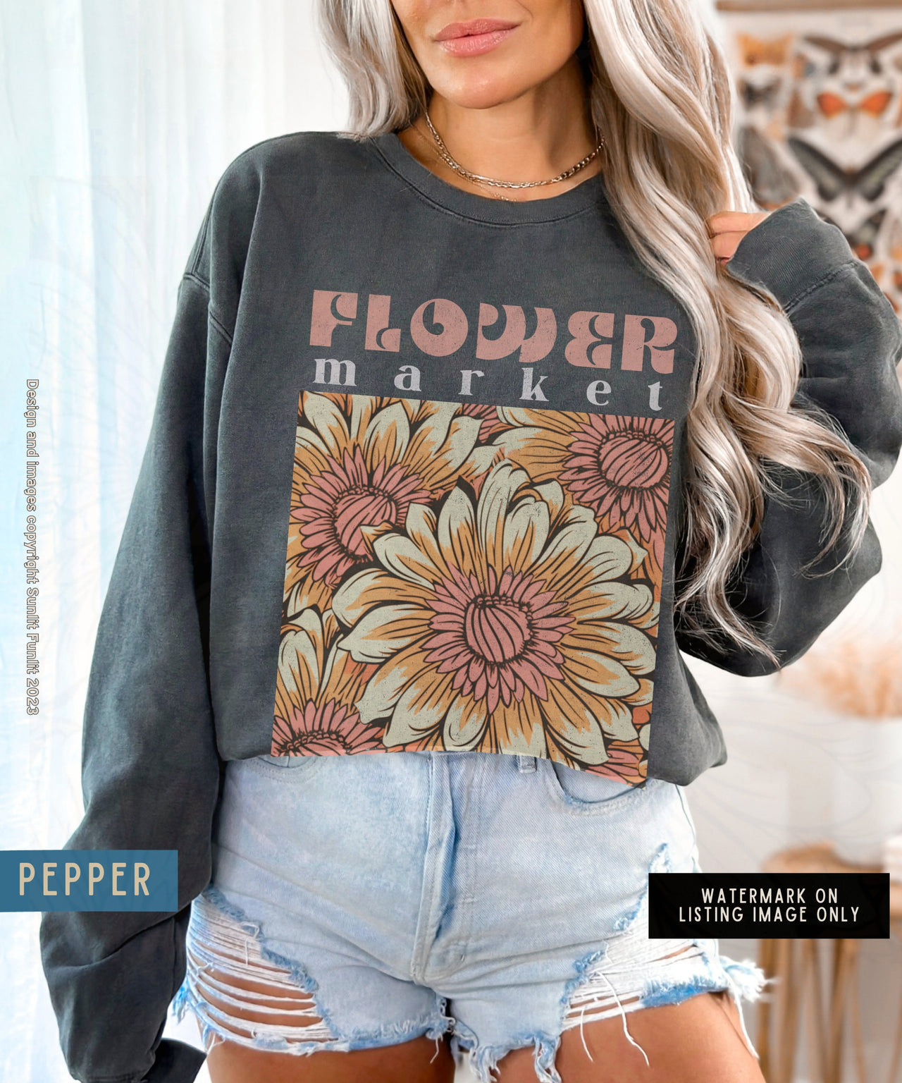 Flower Market Sweatshirt, Comfort Colors Sweat Shirt, Boho Trendy Flowered Crewneck Sweater, Vintage Botanical Floral Pullover, Grandma Gift - SunlitFunlit