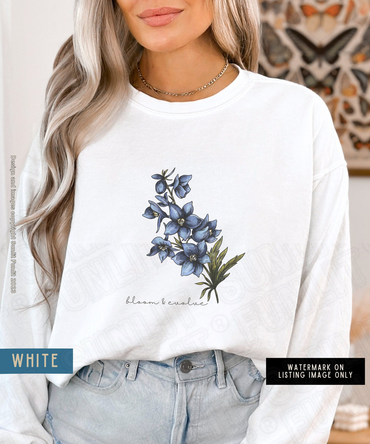 July Birth Flower Sweater, Comfort Colors Floral Sweatshirt, Minimalist Vintage Larkspur, BIrth Month Flower Birthday Gift, Bloom Sweater - SunlitFunlit