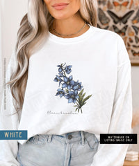 Thumbnail for July Birth Flower Sweater, Comfort Colors Floral Sweatshirt, Minimalist Vintage Larkspur, BIrth Month Flower Birthday Gift, Bloom Sweater - SunlitFunlit