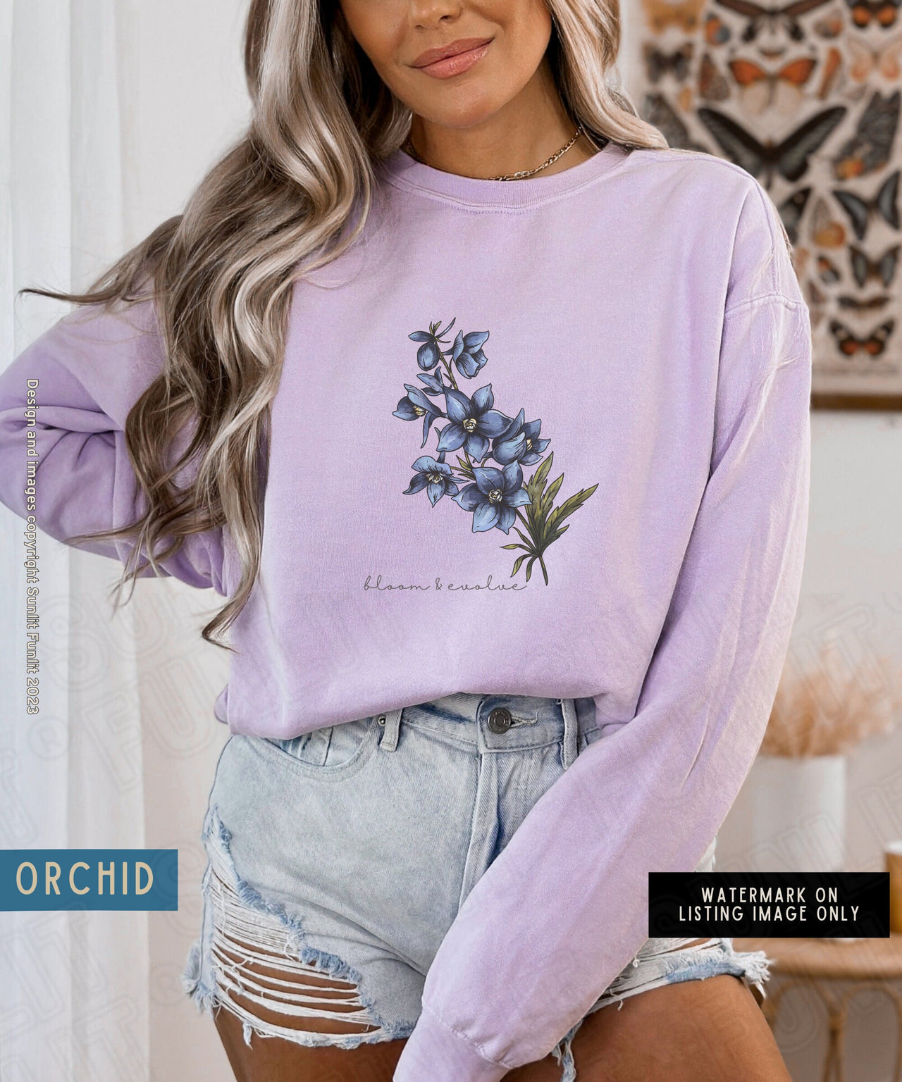 July Birth Flower Sweater, Comfort Colors Floral Sweatshirt, Minimalist Vintage Larkspur, BIrth Month Flower Birthday Gift, Bloom Sweater - SunlitFunlit