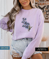 Thumbnail for July Birth Flower Sweater, Comfort Colors Floral Sweatshirt, Minimalist Vintage Larkspur, BIrth Month Flower Birthday Gift, Bloom Sweater - SunlitFunlit