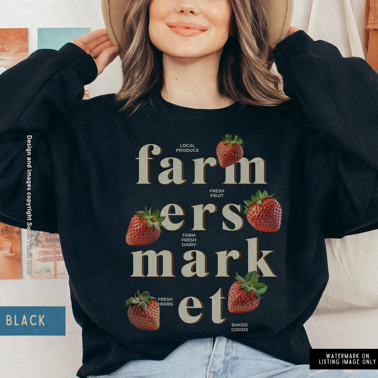 Strawberry Sweatshirt, Womens Tshirts Strawberry, Cute Aesthetic Shirt Strawberry Clothes, Pink Cottagecore Sweater, Farmers Market Crewneck - SunlitFunlit