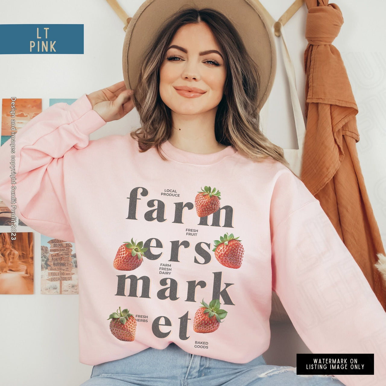 Strawberry Sweatshirt, Womens Tshirts Strawberry, Cute Aesthetic Shirt Strawberry Clothes, Pink Cottagecore Sweater, Farmers Market Crewneck - SunlitFunlit