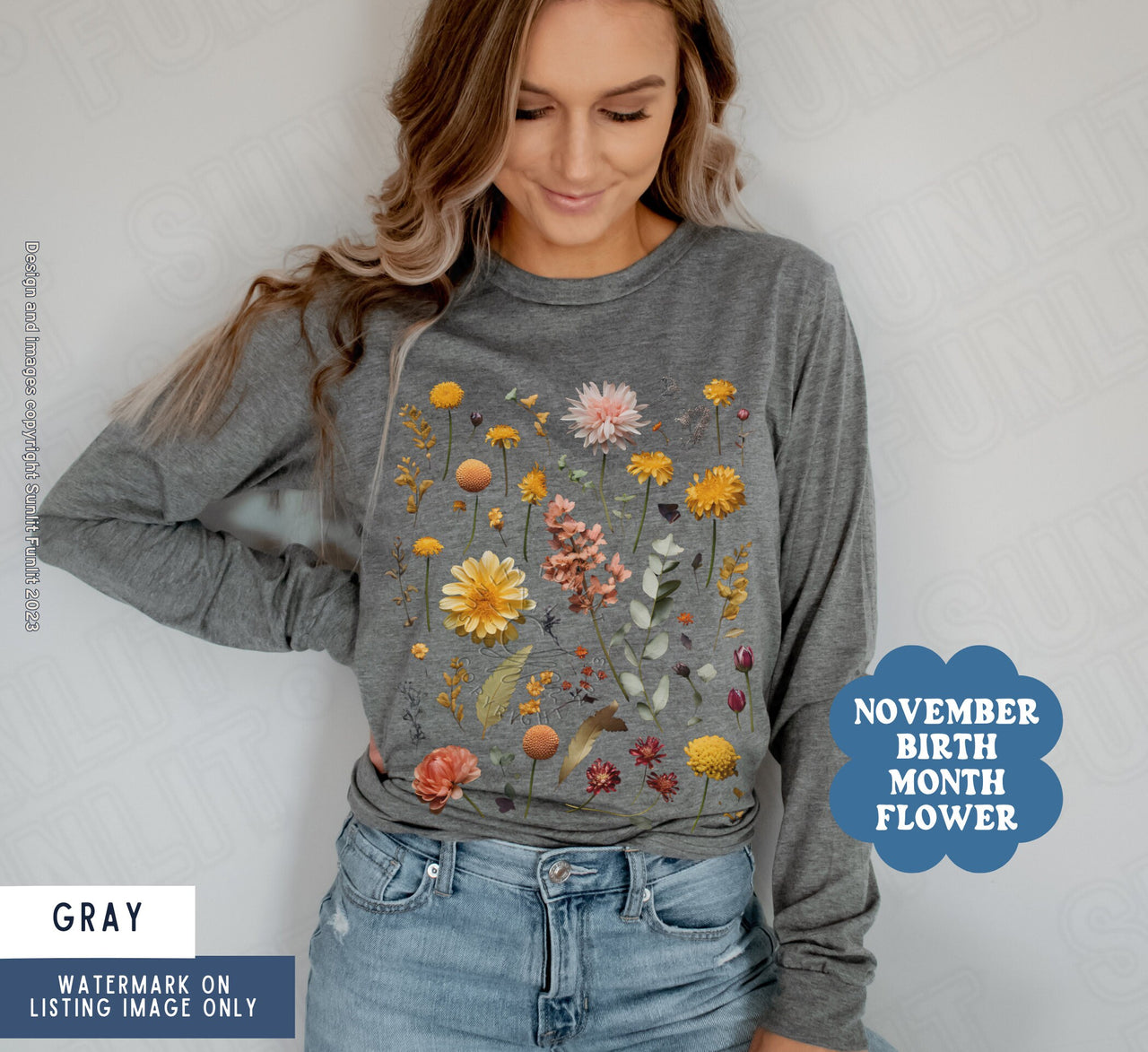 November Birth Flower Gift, November Birth Month Dried Flowers Shirt, Birthmonth Vintage Pressed Flower Sweater Women, Fall Long Sleeve Tee - SunlitFunlit