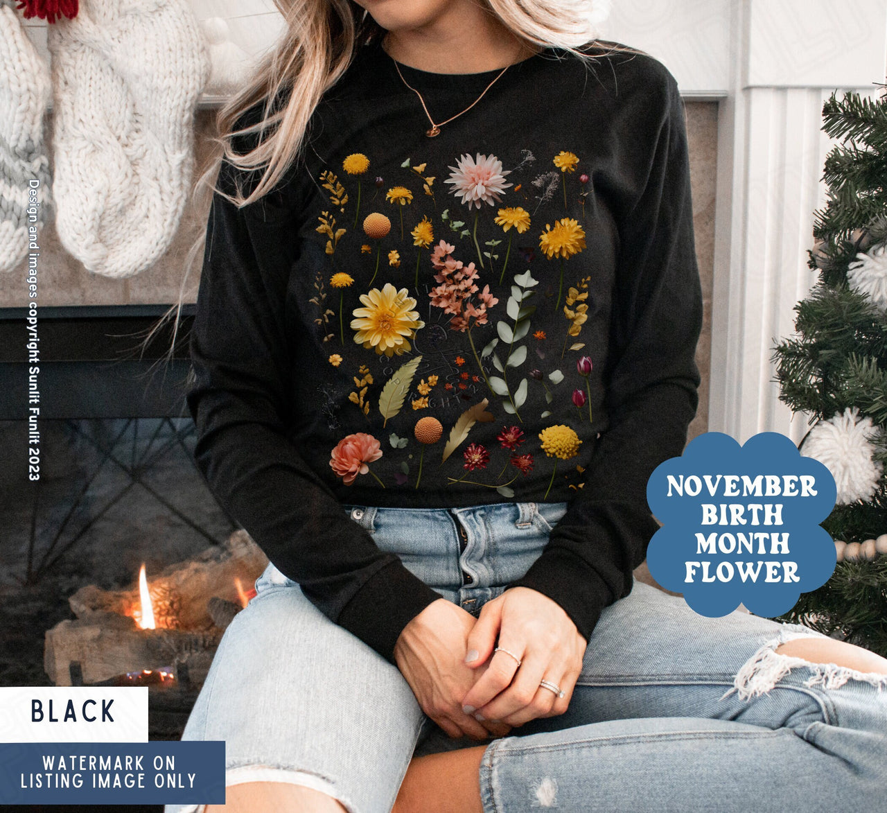 November Birth Flower Gift, November Birth Month Dried Flowers Shirt, Birthmonth Vintage Pressed Flower Sweater Women, Fall Long Sleeve Tee - SunlitFunlit