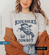 Thumbnail for Retro Cowgirl Tshirt, Funny Cute Country Shirts, Kick Rocks Cowboy Distressed Vintage Inspired Tee, Country Concert Music Fest Rodeo Gift - SunlitFunlit