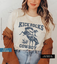 Thumbnail for Retro Cowgirl Tshirt, Funny Cute Country Shirts, Kick Rocks Cowboy Distressed Vintage Inspired Tee, Country Concert Music Fest Rodeo Gift - SunlitFunlit