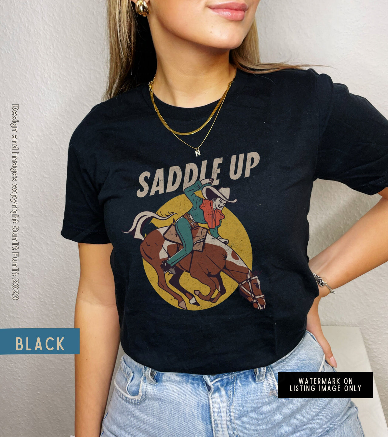 Retro Cowgirl Tshirt Cute Country Shirt, Saddle Up Cowgirl Outfit for Women, Cowgirl Theme Shirt Horse Print, Country Concert Rodeo Tee - SunlitFunlit