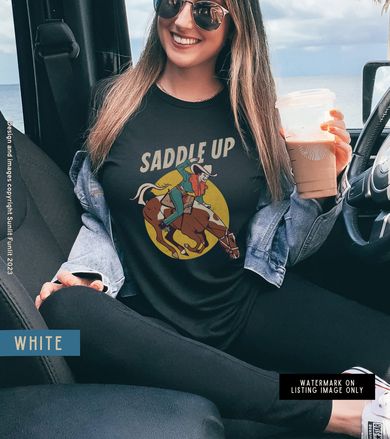 Retro Cowgirl Tshirt Cute Country Shirt, Saddle Up Cowgirl Outfit for Women, Cowgirl Theme Shirt Horse Print, Country Concert Rodeo Tee - SunlitFunlit