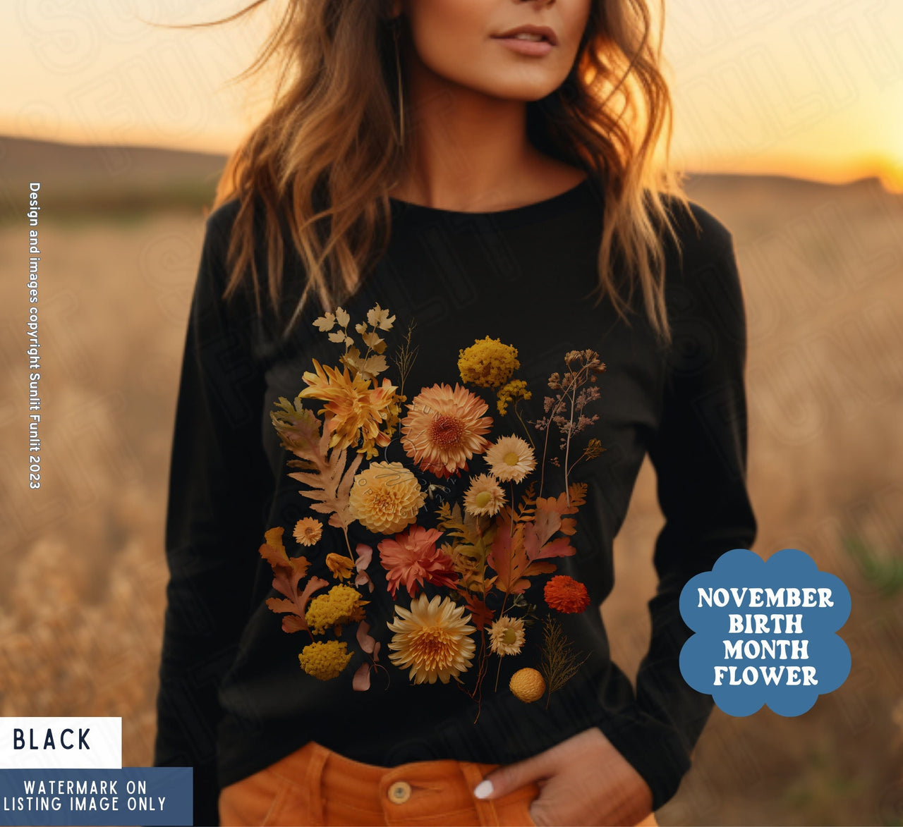 Pressed Flower Sweater Women, Vintage Dried Botanical Sweatshirt, Long Sleeve Boho Fall Wildflower Shirt, Nature Cottagecore Granola Girl - SunlitFunlit