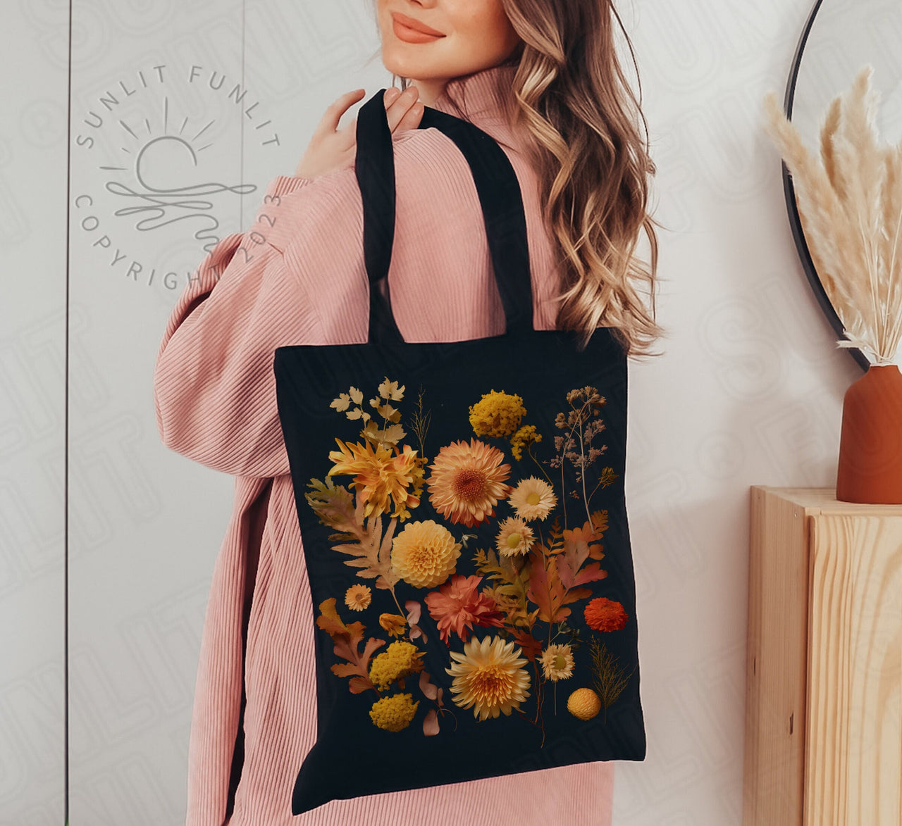 Birth Flower Gift Canvas Tote Bag, November Birth Month Flower Bundle, Pressed Flower Art Bag, Flower of the Month Christmas Gift Set - SunlitFunlit