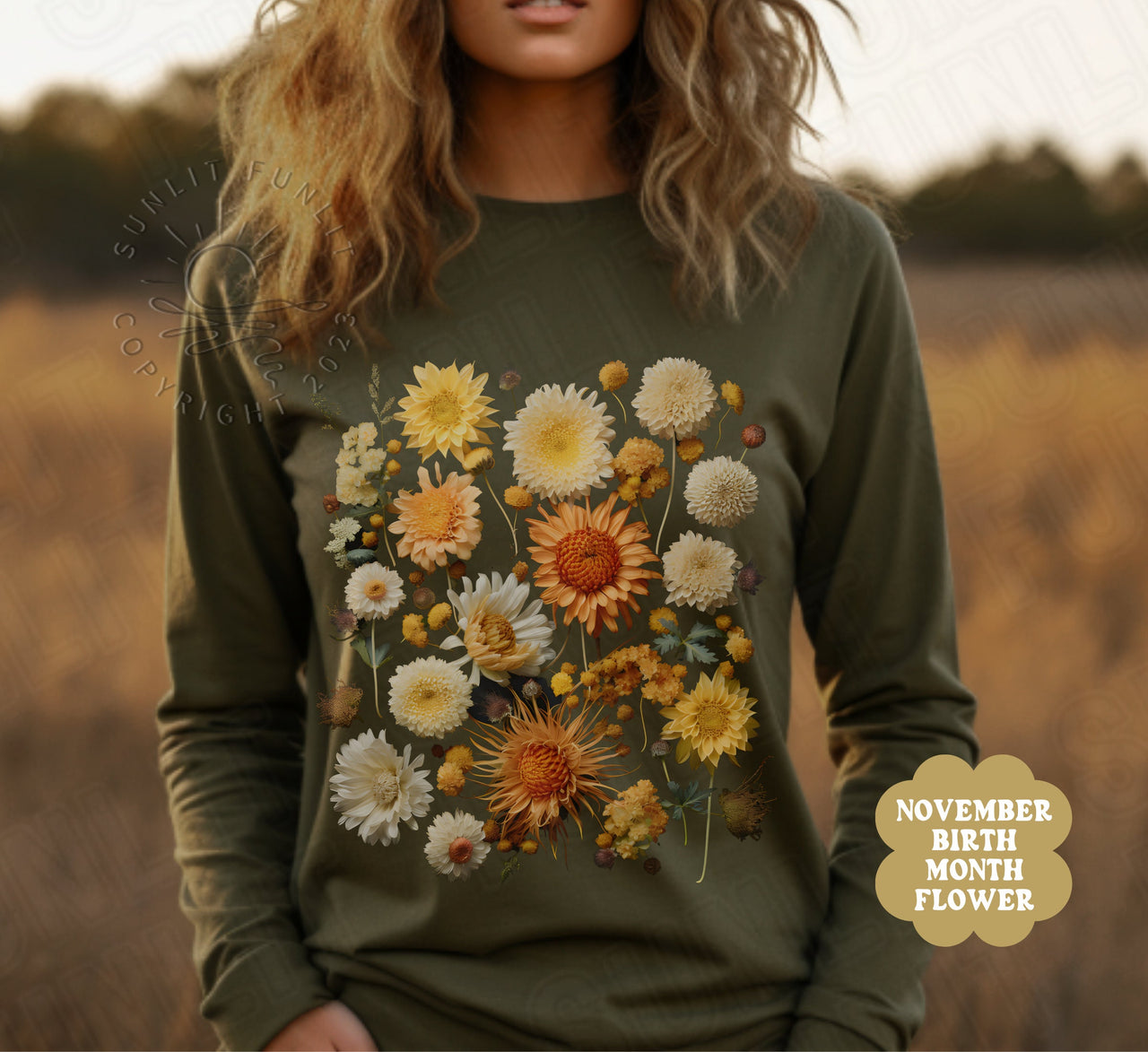 November Birth Flower Shirt, Fall Pressed Flower Long Sleeve Tee, Birth Month Gift Set, Birthmonth Vintage Style Sweater, Boho Crewneck - SunlitFunlit