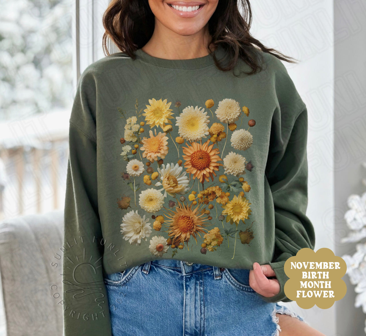 November Birth Flower Sweater Women, Flower of the Month Sweatshirt, Chrysanthemum Bundle Gift Set, Dried WIldflowers Tshirt, Fall Crewneck - SunlitFunlit