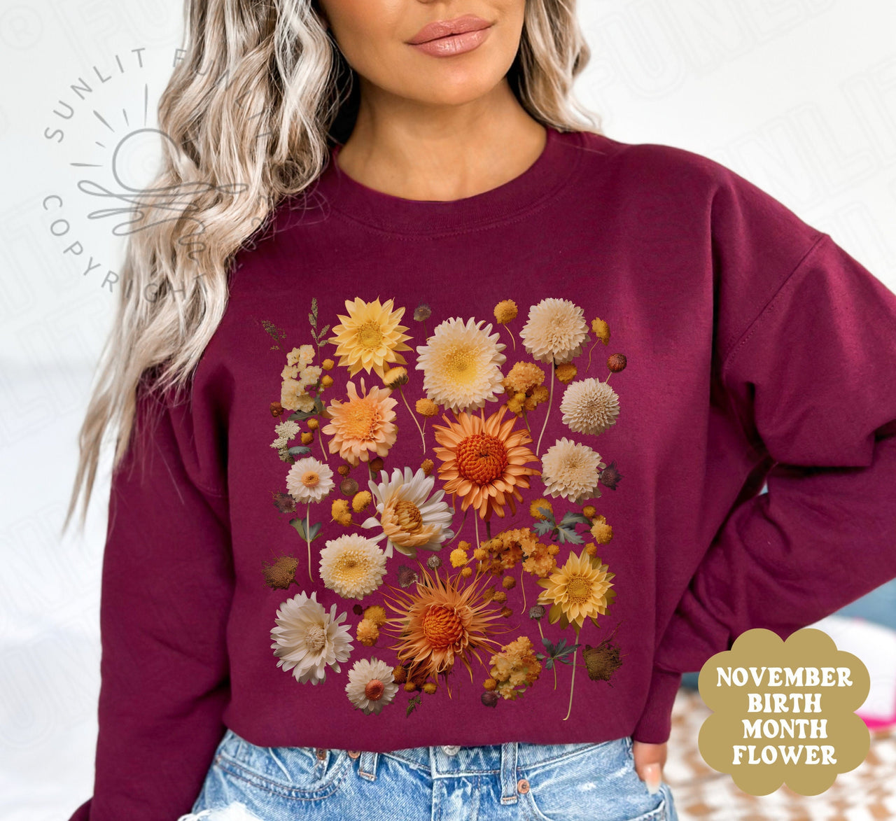 November Birth Flower Sweater Women, Flower of the Month Sweatshirt, Chrysanthemum Bundle Gift Set, Dried WIldflowers Tshirt, Fall Crewneck - SunlitFunlit