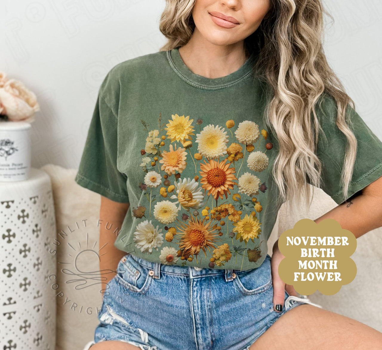 November Birth Flower Shirt, BirthMonth Flower Gifts November, Comfort Colors Pressed Flower Tshirt, Chrysanthemum Flower of the Month Tee - SunlitFunlit