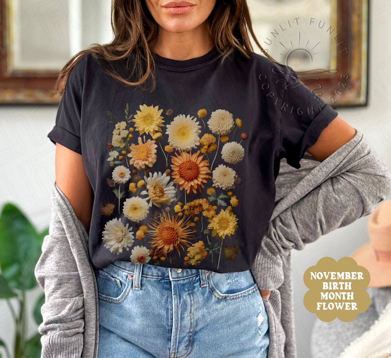 November Birth Flower Shirt, BirthMonth Flower Gifts November, Comfort Colors Pressed Flower Tshirt, Chrysanthemum Flower of the Month Tee - SunlitFunlit