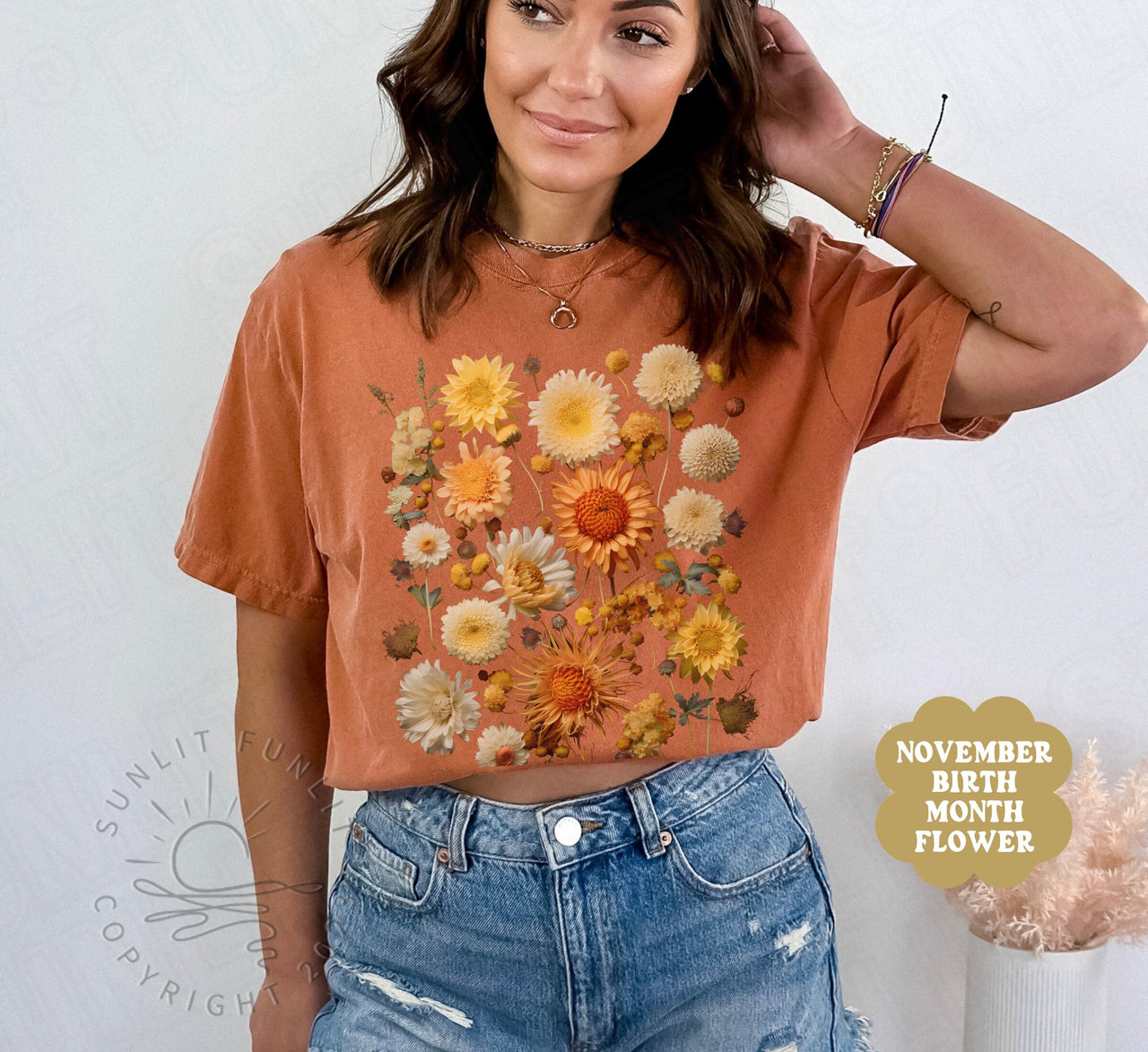 November Birth Flower Shirt, BirthMonth Flower Gifts November, Comfort Colors Pressed Flower Tshirt, Chrysanthemum Flower of the Month Tee - SunlitFunlit