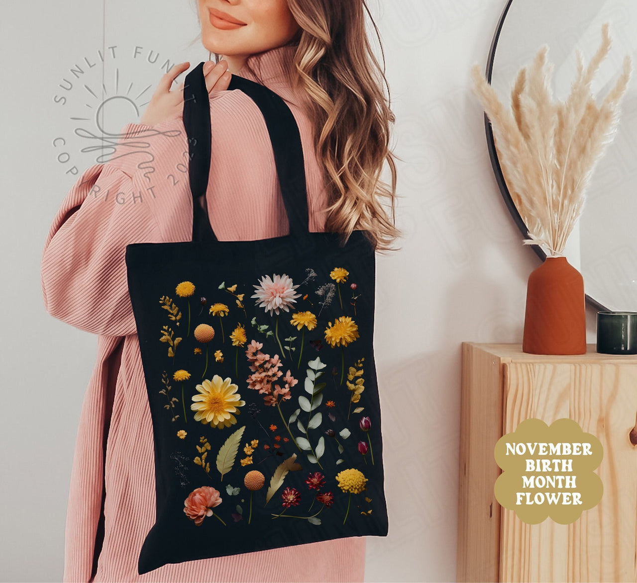 Birth Flower Gift Canvas Tote Bag, November Birth Month Flower Bundle, Pressed Flower Art Bag, Flower of the Month Christmas Gift Set - SunlitFunlit