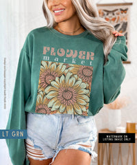 Thumbnail for Flower Market Sweatshirt, Comfort Colors Sweat Shirt, Boho Trendy Flowered Crewneck Sweater, Vintage Botanical Floral Pullover, Grandma Gift - SunlitFunlit