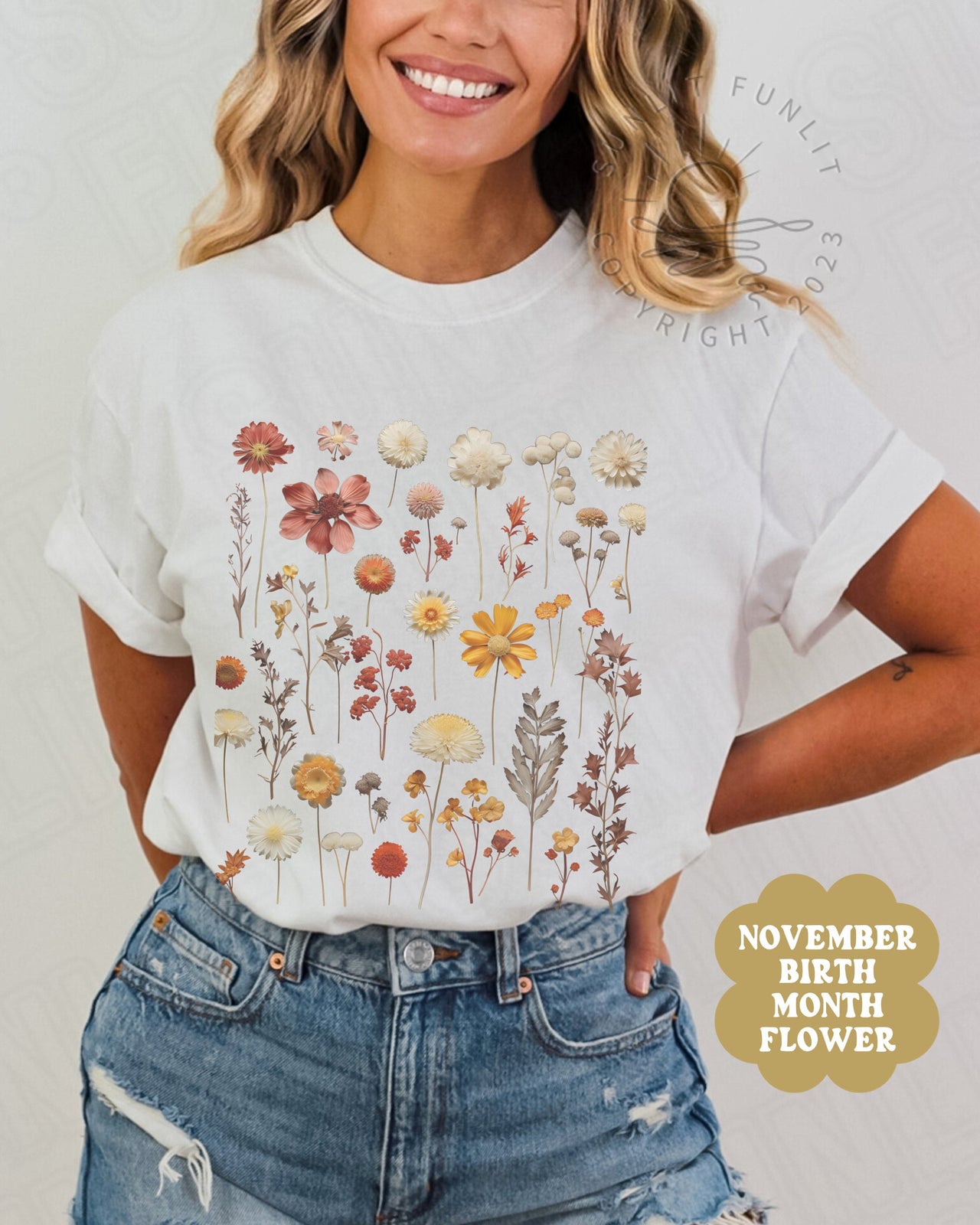 November Birth Flower Shirt, BirthMonth Flower Gifts November, Comfort Colors Pressed Flower Tshirt, Chrysanthemum Flower of the Month Tee - SunlitFunlit