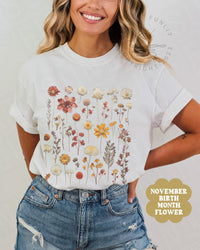 Thumbnail for November Birth Flower Shirt, BirthMonth Flower Gifts November, Comfort Colors Pressed Flower Tshirt, Chrysanthemum Flower of the Month Tee - SunlitFunlit