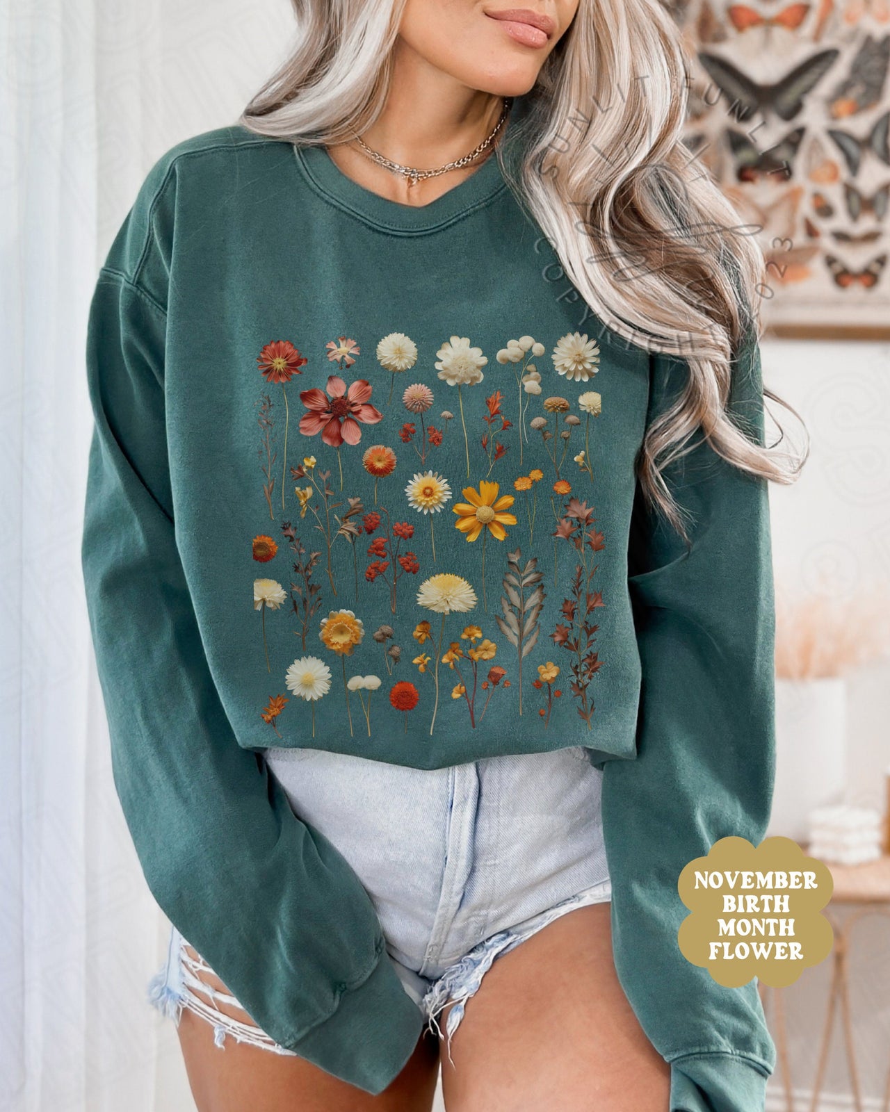 Birth Month Flower Sweatshirt, Flower of the Month Sweater Women, November Birthday Gift Set Bundle for Mom, Pressed Wild Flower Crewneck - SunlitFunlit