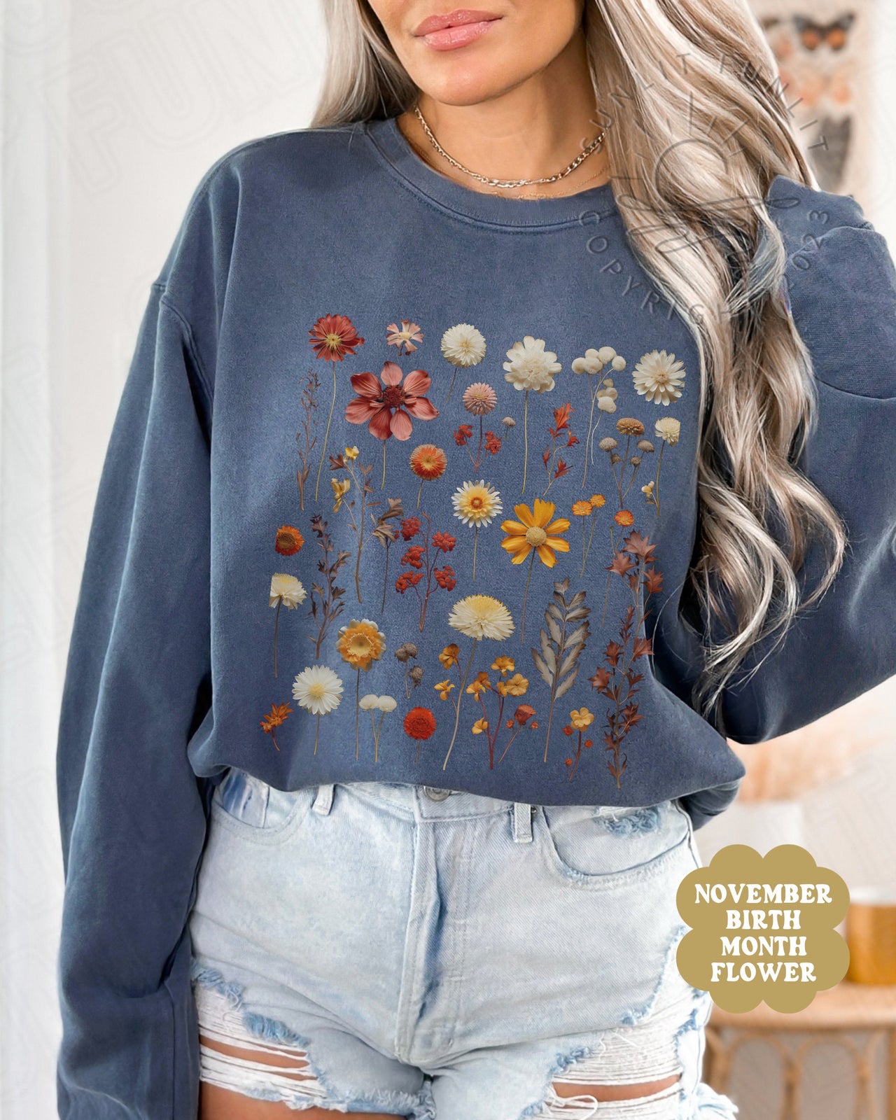 Birth Month Flower Sweatshirt, Flower of the Month Sweater Women, November Birthday Gift Set Bundle for Mom, Pressed Wild Flower Crewneck - SunlitFunlit