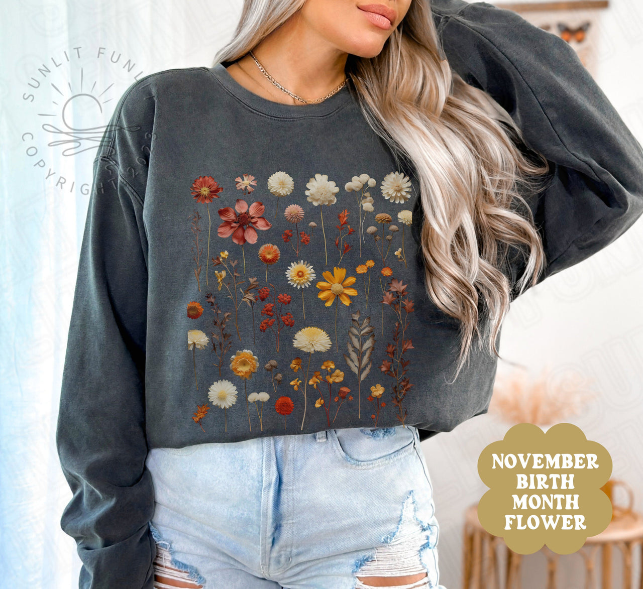 Birth Month Flower Sweatshirt, Flower of the Month Sweater Women, November Birthday Gift Set Bundle for Mom, Pressed Wild Flower Crewneck - SunlitFunlit