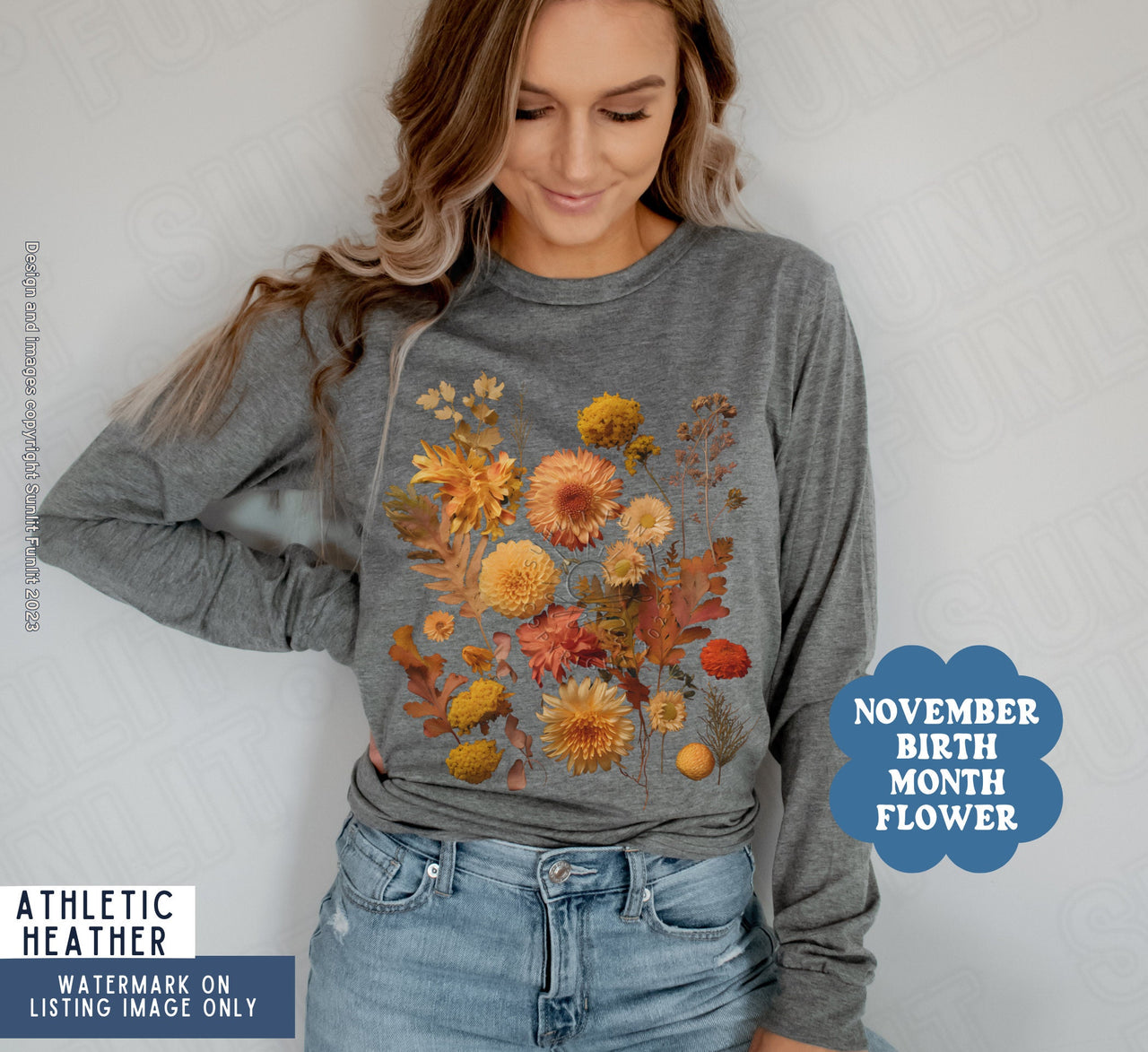 November Birth Flower Shirt, November Birthmonth Flower Gift, Fall Birth Month Pressed Flower Sweater, Vintage Dried Flower Long Sleeve Tee - SunlitFunlit