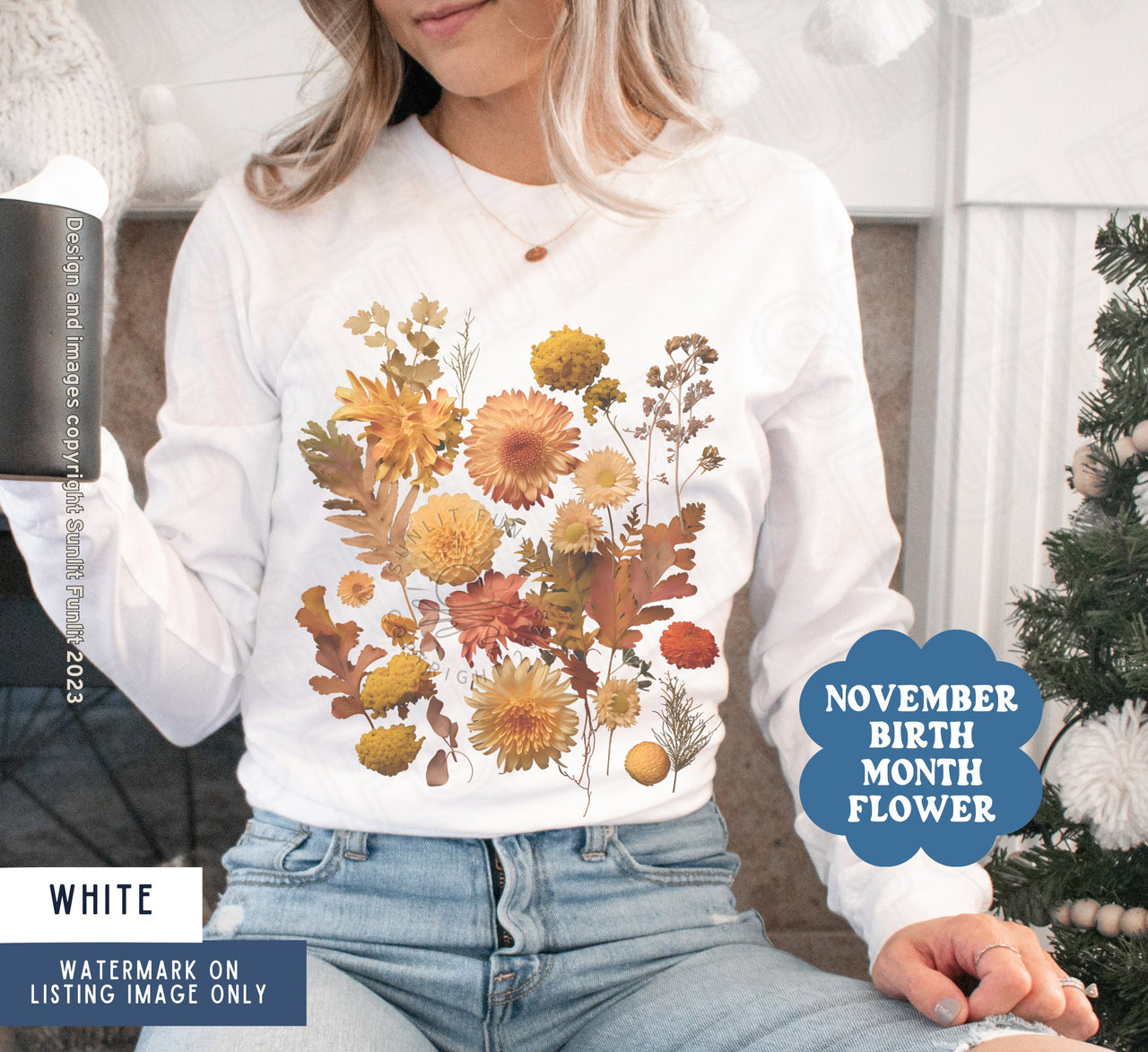 November Birth Flower Shirt, November Birthmonth Flower Gift, Fall Birth Month Pressed Flower Sweater, Vintage Dried Flower Long Sleeve Tee - SunlitFunlit