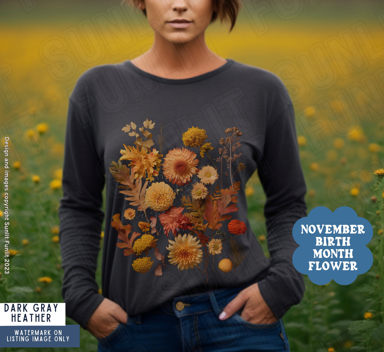 November Birth Flower Shirt, November Birthmonth Flower Gift, Fall Birth Month Pressed Flower Sweater, Vintage Dried Flower Long Sleeve Tee - SunlitFunlit