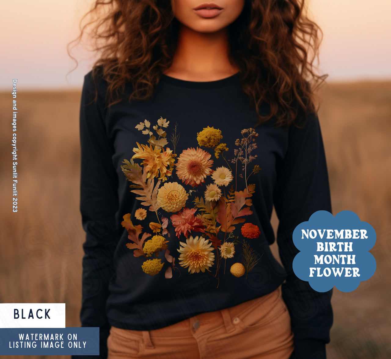 Pressed Flower Sweater Women, Vintage Dried Botanical Sweatshirt, Long Sleeve Boho Fall Wildflower Shirt, Nature Cottagecore Granola Girl - SunlitFunlit