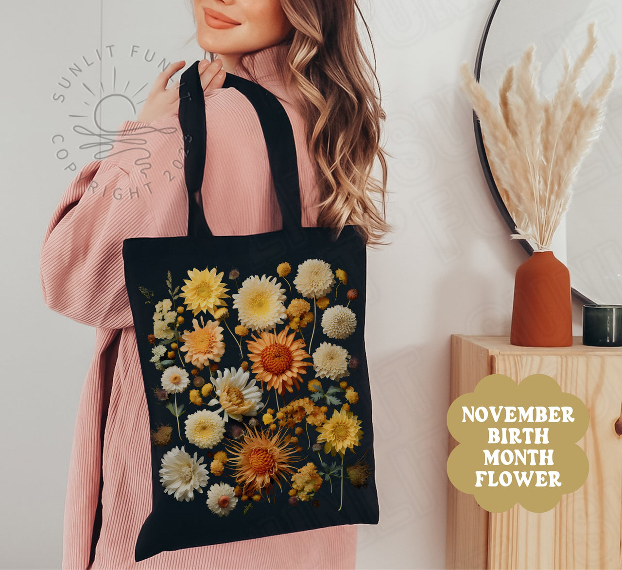 November Birth Flower Gift Canvas Tote Bag, Birth Month Flower Bundle, Pressed Flower Art Bag, Flower of the Month Christmas Gift Set - SunlitFunlit