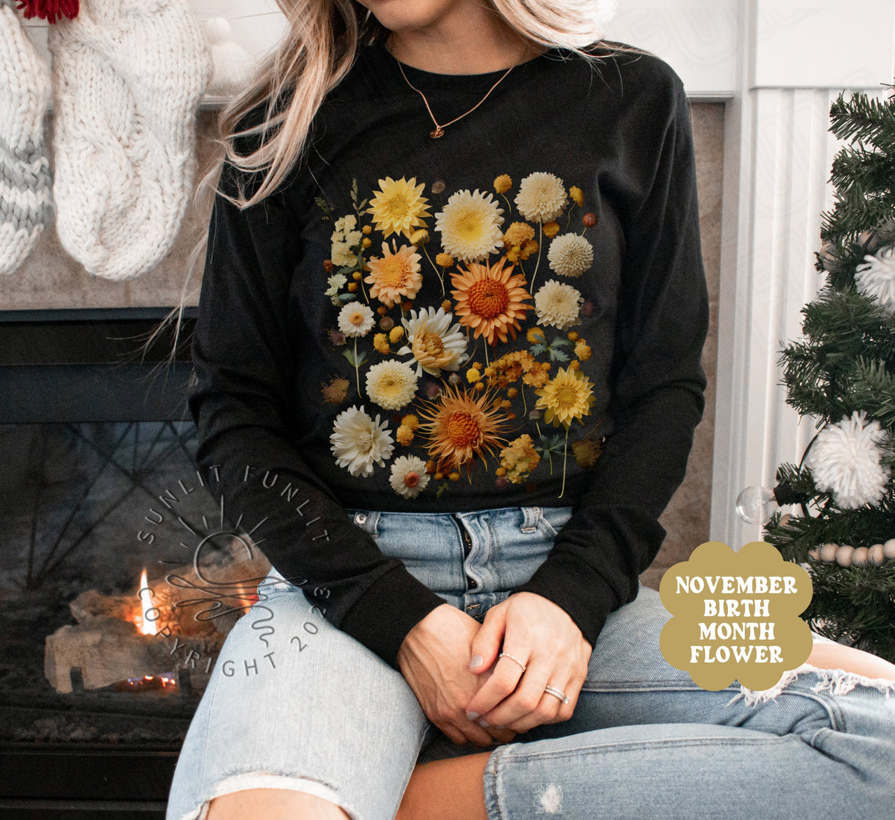 November Birth Flower Shirt, Fall Pressed Flower Long Sleeve Tee, Birth Month Gift Set, Birthmonth Vintage Style Sweater, Boho Crewneck - SunlitFunlit