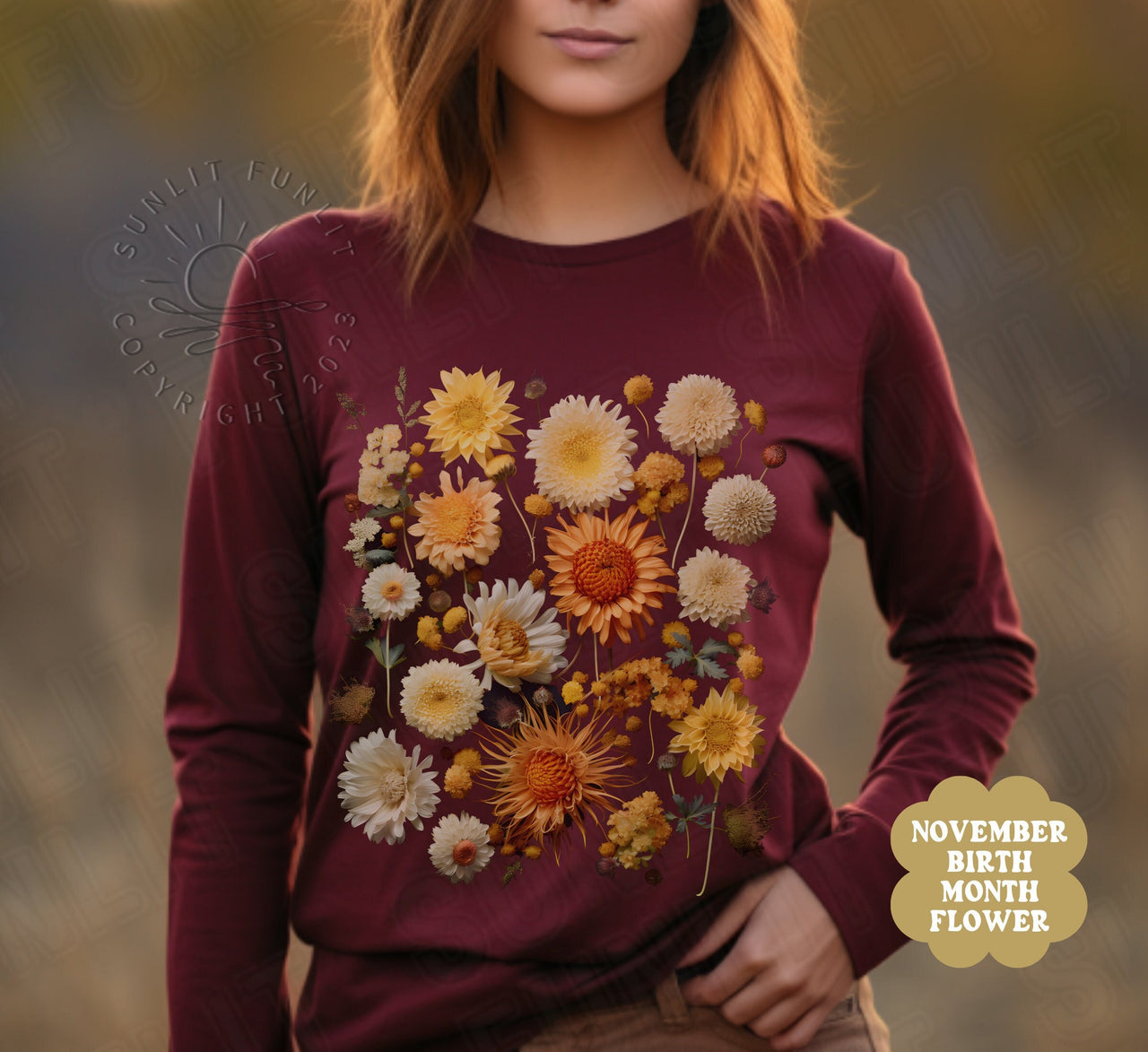 November Birth Flower Shirt, Fall Pressed Flower Long Sleeve Tee, Birth Month Gift Set, Birthmonth Vintage Style Sweater, Boho Crewneck - SunlitFunlit