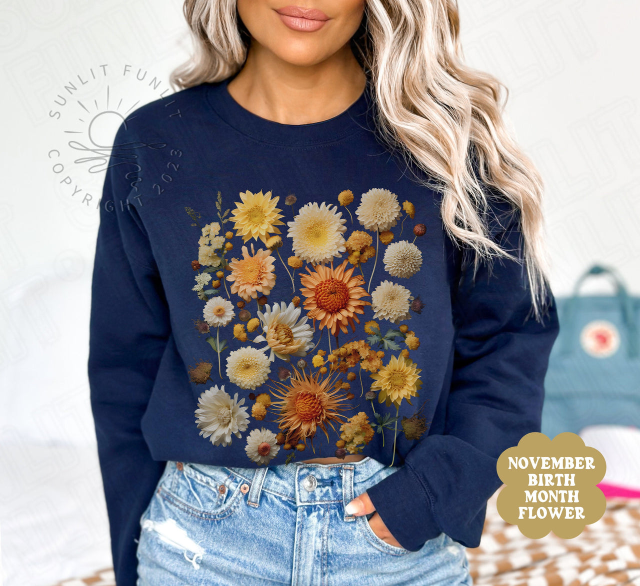 November Birth Flower Sweater Women, Flower of the Month Sweatshirt, Chrysanthemum Bundle Gift Set, Dried WIldflowers Tshirt, Fall Crewneck - SunlitFunlit