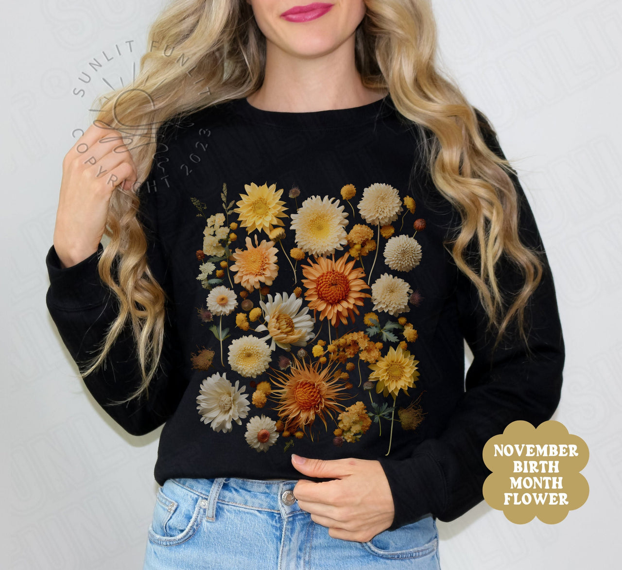 November Birth Flower Sweater Women, Flower of the Month Sweatshirt, Chrysanthemum Bundle Gift Set, Dried WIldflowers Tshirt, Fall Crewneck - SunlitFunlit